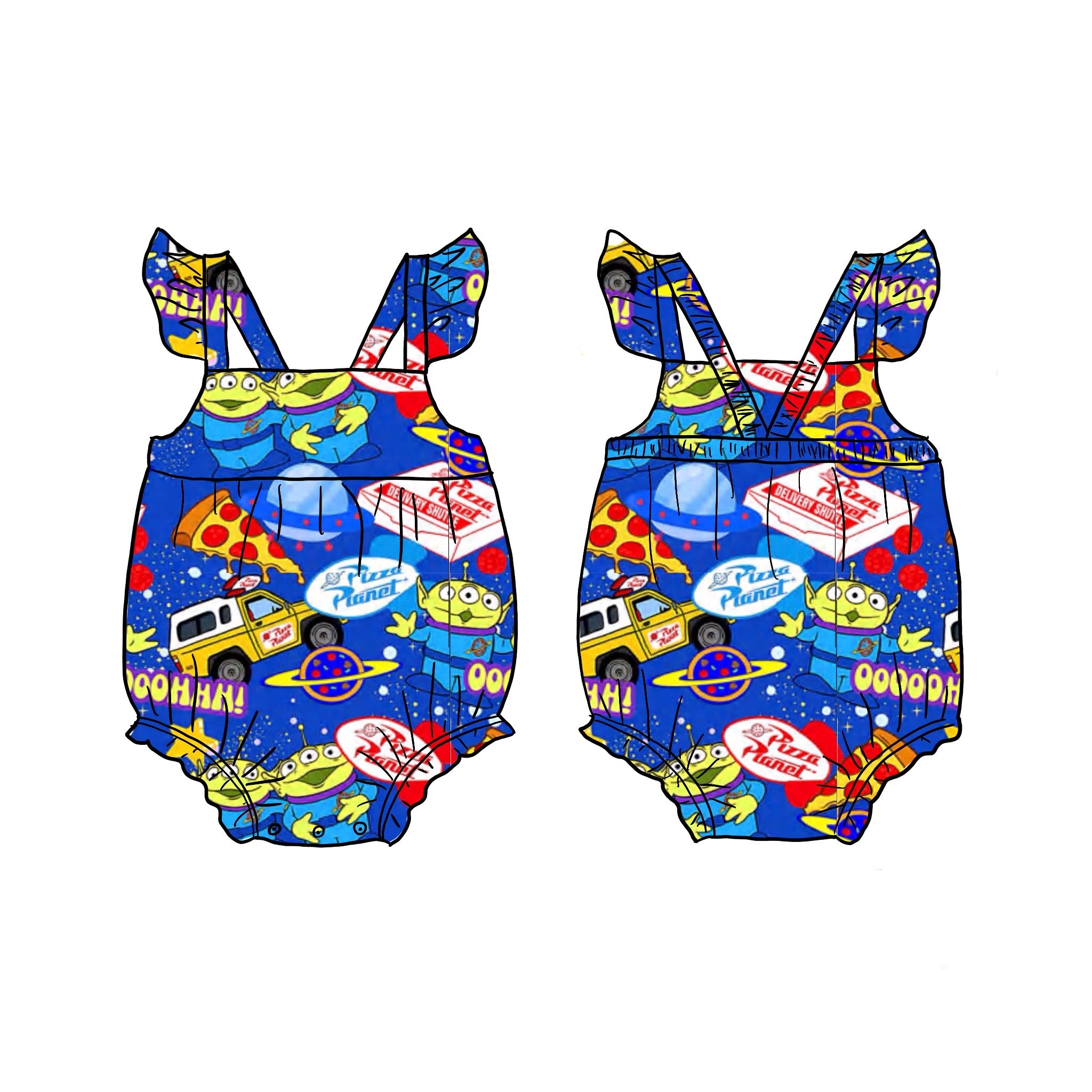 Pizza Planet Bamboo Ruffle bubble romper