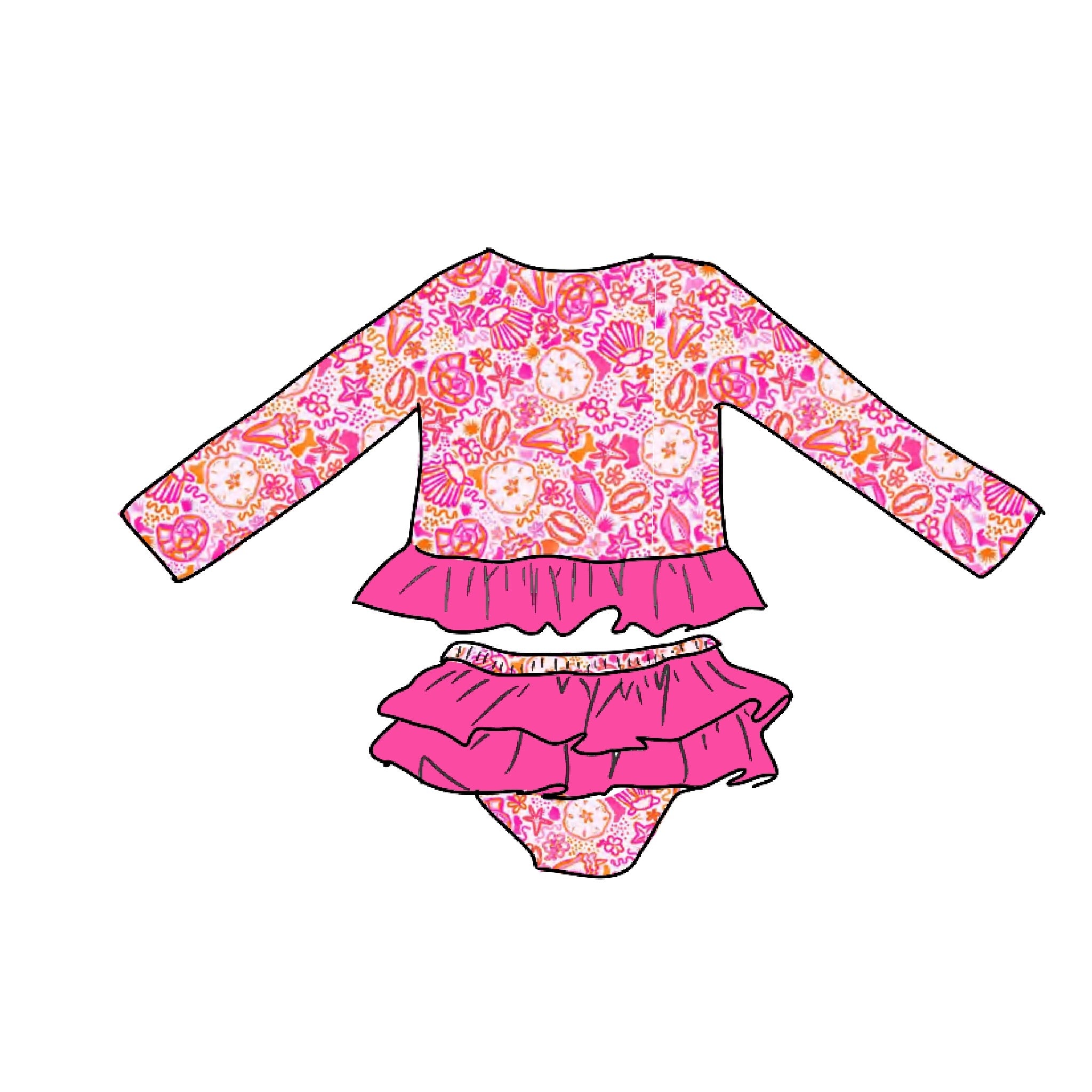By The Sea Shore Girls Rash Guard and Ruffle bottoms