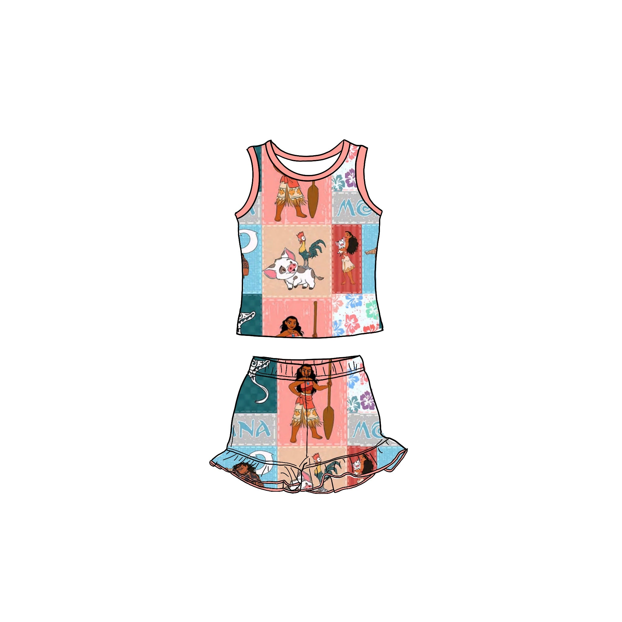 Moana Patch Bamboo Tank and Ruffle Short Set